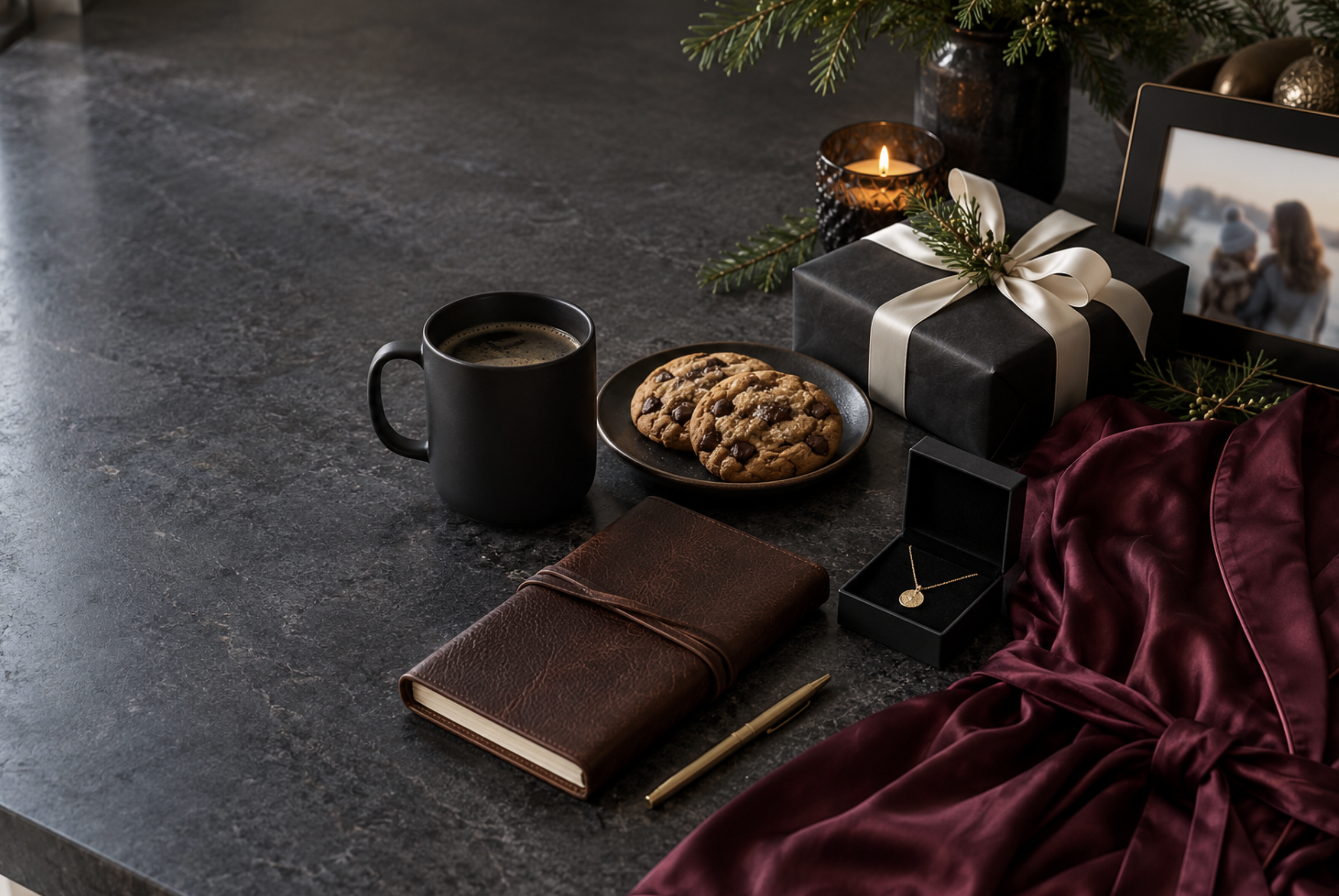 Holiday gifts for moms who have everything, including a silk robe, leather journal, gold necklace, coffee mug and cookies arranged on a dark tabletop.